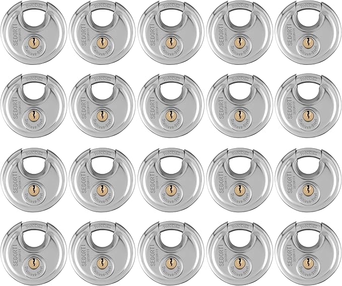 20-Pack Discus Padlocks Keyed Alike, 2-3/4 inch Wide, Stainless Steel 304 Round Lock, Waterproof and Rustproof Storage Lock with Brass Keys, Ideal for Storage Unit Gate, Outdoor, Shed, Fence
