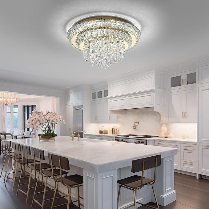 18 inch Flush Mount Crystal Chandeliers with Remote and App Gold, Modern Elegant LED Crystal Raindrop Ceiling Light Fixture, 3CCT Dimmable, for Living Room Kitchen Island Bedroom Entryway Foyer