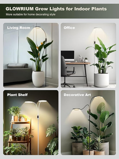 GLOWRIUM Smart Grow Lights for Indoor Plants, 24W Full Spectrum Plant Lights with Bluetooth App, Adjustable Height 47-70.9", Auto Timer, Indoor Plant Lamp for Large Tall Plants（White 24W）