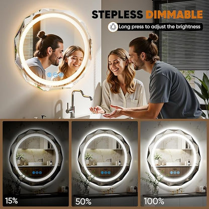 24 Inch Round LED Bathroom Mirror with Lights, Frameless Vanity LED Mirror for Bathroom with Beveled Edge, Backlit Anti-Fog, Dimmable, 3 Colors, Memory Function, Tempered Glass, Shatter-Proof