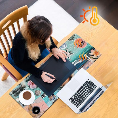 Heated Mouse Pad 31.5x13 in 3-Temp Fast Heating Desk Mat with Auto Timer Warmer for Hands Wrist Pain Relief Waterproof Keyboard Mat for Office, Gaming, Home, Beach Vibes Beauty