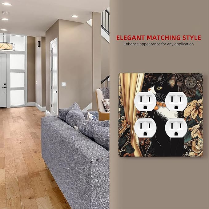 Outlet Covers Boho Mandala Floral Black Cat Vintage Flower 2 Gang Double Duplex Decorative Light Switch Covers Electrical Wallplates Socket Faceplate For Farmhouse Home Decor