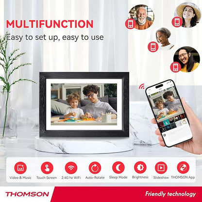 THOMSON Digital Picture Frame, Digital Photo Frame WiFi with 32 GB, HD IPS Touch Screen, Auto-Rotate, Slideshow, Share Photos/Videos from Phone by App (10.1Inch Wood)