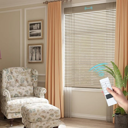 Motorized Cordless Aluminum Blinds with Remote, Automatic Room Darkening Horizontal Blinds for Indoor Windows, Light Adjustment Waterproof Blinds, Customized for Home, Office, Khaki