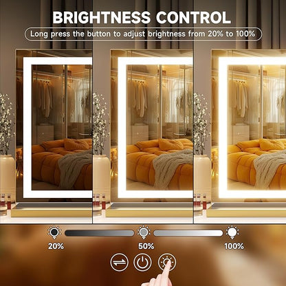 Hasipu Vanity Mirror with Lights, 32" x 20" LED Makeup Mirror, Lighted Makeup Mirror with Dimmable 3 Modes, Touch Screen Control Vanity Mirror Square Gold