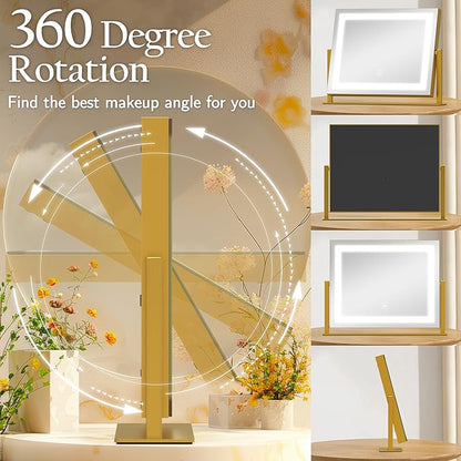 ROLOVE Gold Vanity Mirror with Lights 14x11 Inch, Lighted Makeup Mirror, Smart Touch 3 Colors Dimmable, 10X Magnification, Dresser Mount, Modern Style