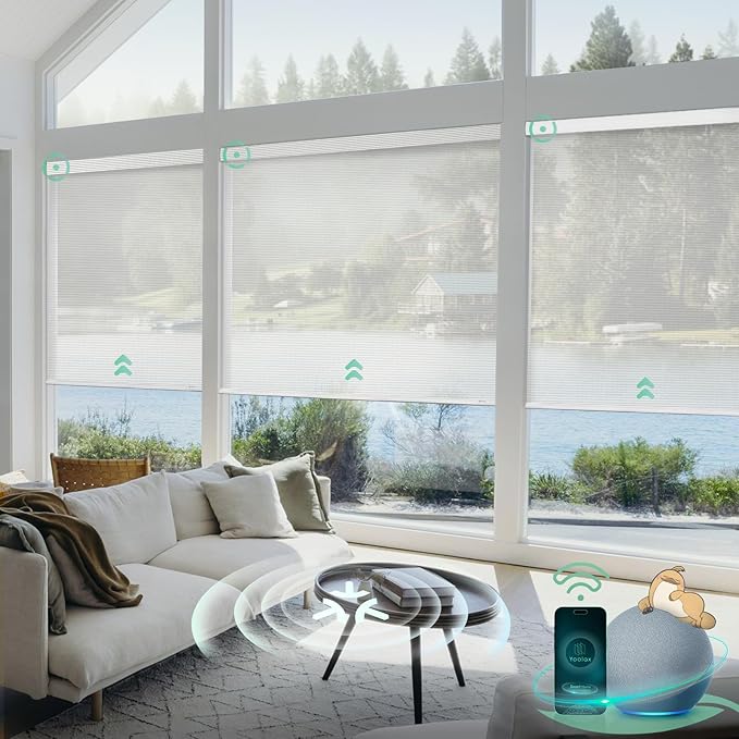 Yoolax Smart Blinds, Motorized Matter Solar Shades Flame Resistat Automatic Blinds for Windows Motorized Shades Compatible with Alexa, Google Home, Homekit(Solar-14% Openness Mesh White)