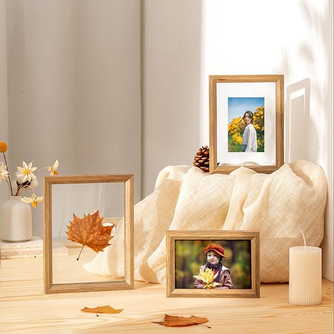 Axeman 5x7 Floating Picture Frame - Solid Oak Wood Picture Frame, Double Tempered Glass Photo Frame 2x3 4x6 5''x7''Wood Frame, Wall Mount Or Tabletop Standing, Natural