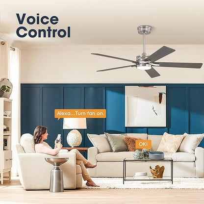 WINGBO 52" Smart Ceiling Fan with Lights, 5 Plywood Blades, 6 Speeds Reversible DC Motor, Works with Alexa and Google Assistant, 3CCT Dimmable LED Ceiling Fan for Bedroom Living Room, Nickel and Grey