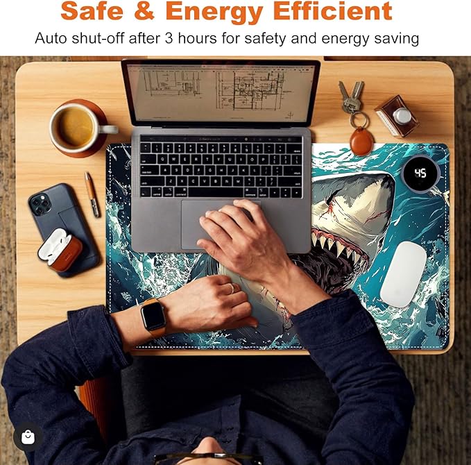 Small Heated Desk Pad 23.6" x 14.2" – Compact Electric Mouse Pad with 3 Heating Levels, Auto Shut-Off, Waterproof PU Surface, Plug-in Warmer for Office or Home Use, Angry Shark