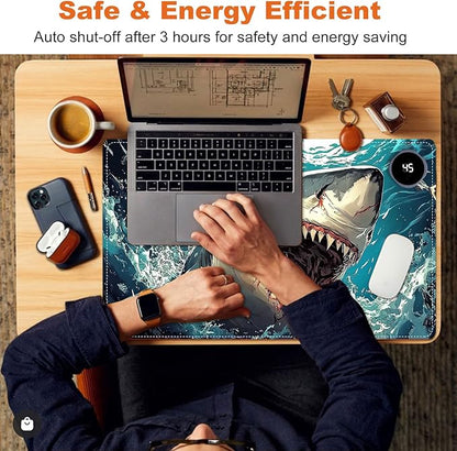 Small Heated Desk Pad 23.6" x 14.2" – Compact Electric Mouse Pad with 3 Heating Levels, Auto Shut-Off, Waterproof PU Surface, Plug-in Warmer for Office or Home Use, Angry Shark