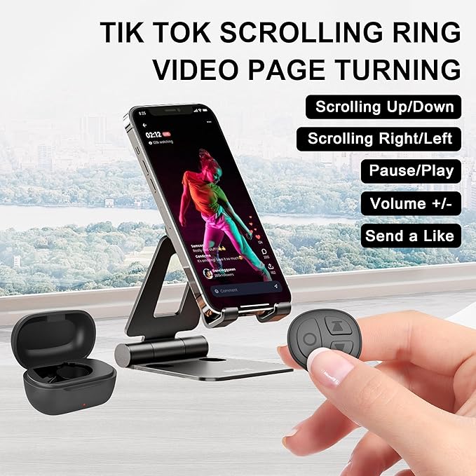 TikTok Scrolling Ring Bluetooth Camera Remote Control Page Turner for iPhone iPad Android Tablet Ebook Reading Scrolling Ring for iPhone TikTok (Graphite Black with Charging Case)