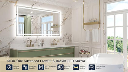 Keonjinn 60" x 36" LED Mirror for Bathroom, Frontlit & Backlit Mirror with Lights, HD Tempered Glass, Defogging, 3 Color Lights, Dimmable, UL-Listed LED Driver, Memory Function
