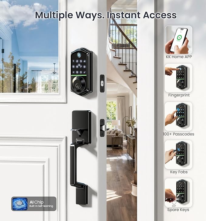Veise VE017-D Fingerprint Smart Front Door Lock Set, App Control, 8-in-1 Keyless Entry Deadbolt with Lever Handle, Emergency Power Port, Auto Lock, Touchscreen Keypad, Easy Install, Matte Black