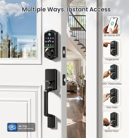Veise VE017-D Fingerprint Smart Front Door Lock Set, App Control, 8-in-1 Keyless Entry Deadbolt with Lever Handle, Emergency Power Port, Auto Lock, Touchscreen Keypad, Easy Install, Matte Black