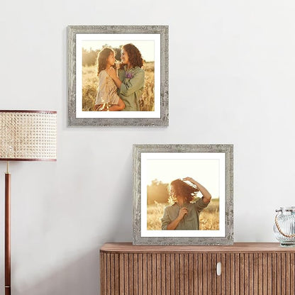 iRahmen 12x12 Picture Frame Set of 4 with Tempered Glass, Display 10x10 Picture with Mat or 12 x 12 Without Mat, Rustic Wood Square Photo Frame for Desktop Display and Wall Mounting