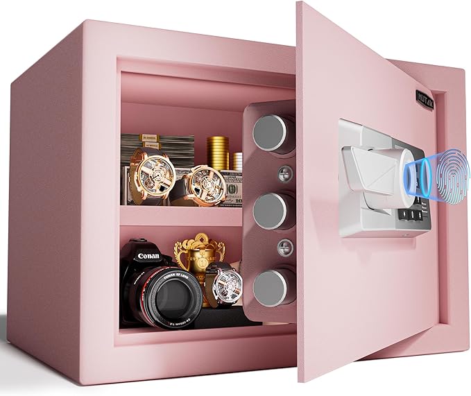 1.0 Cub Biometric Safe Box with Fireproof Bag, Quick-Access Fingerprint Safe with Keys, Digital Keyboard, Type-C Port, Dual Alarm System Safety Box for Home, Office, Hotel Use(Pink)