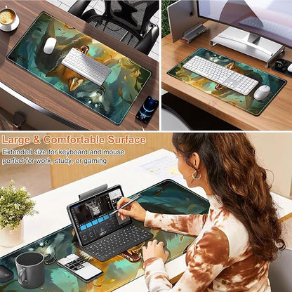 Heated Mouse Pad for Desk 31.5" x 13" – PU Leather Warm Desk Pad with 3 Heat Levels (104°F/113°F/122°F), Plug-in Electric Heating Mat with Auto Shut-Off, Waterproof & Rollable, Forest Wolves