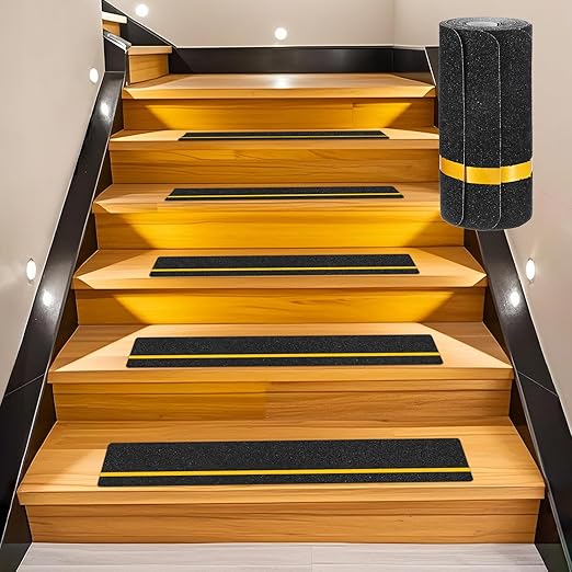 5-Pack Anti Slip Traction Tape 24" x 6" Best Grip Tape Grit with 12mm/0.47" Glow in Dark Stripe High Traction Friction Abrasive Adhesive for Indoor/Outdoor Stairs[Black+Yellow]