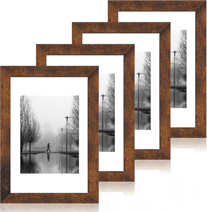 iRahmen 8x12 Picture Frame Set of 4 with High Definition Real Glass, Display 6x8 Pictures with Mat or 8 x 12 Without Mat, Wood Rustic Photo Frames for Tabletop and Wall Mounting
