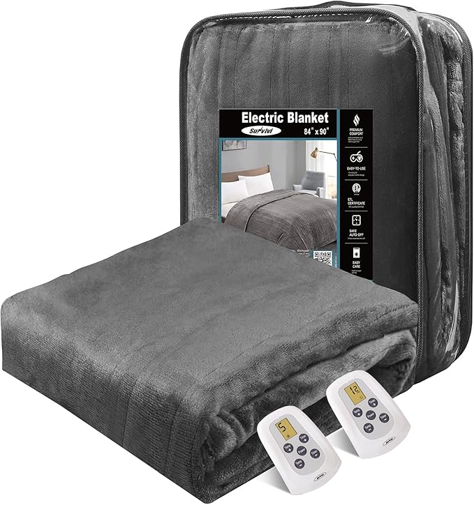 SUNVIVI Electric Blanket Queen Size, Heated Blanket Dual Control Soft Flannel, 10 Heat Settings, 12 Hours Auto Off, Machine Washable, 5 Years Warranty, Overheat Protection, ETL Certified, Beige