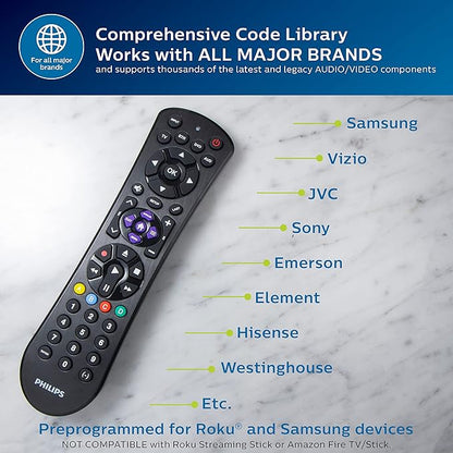 Philips Universal Remote Control for Samsung, Vizio, LG, Sony, Sharp, Roku, Apple TV, RCA, Panasonic, Smart TVs, Streaming Players, Blu-ray, DVD, Simple Setup, 4-Device, Black, SRP9243B/27