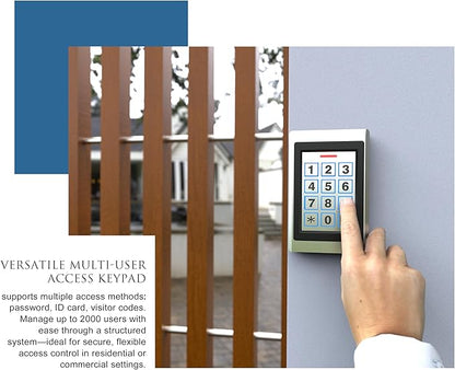 Blütezeit Wired Gate Opener Keypad with 2 RFID Cards & 16.4ft Cable, IP67 Waterproof Metal Entry Pad for Garage Door, Gate Motors, 12V DC Supports 2000 Users with PIN Code & Card Access Control System