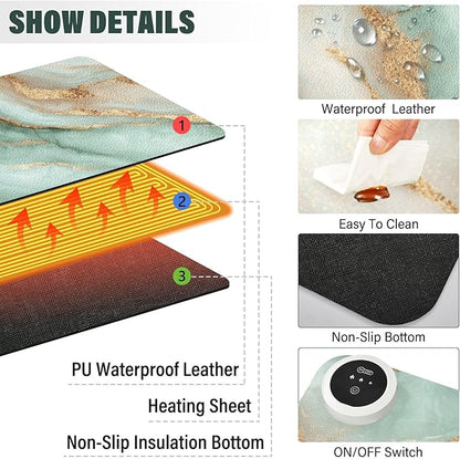 Heated Desk Pad Mouse Pad 31.5x13 Inch PU Leather Desk Mat with 3 Heat Levels Large Mouse Gaming Computer Laptop Mat Mint Green and Gold Marbletexture