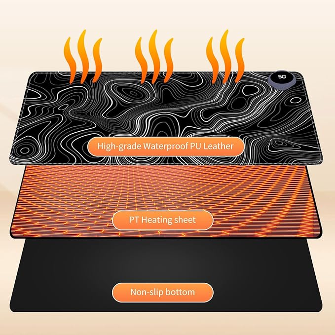Small Heated Desk Pad 23.6" x 14.2" – Compact Electric Mouse Pad with 3 Heating Levels, Auto Shut-Off, Waterproof PU Surface, Plug-in Warmer for Office or Home Use, Topographic Lines