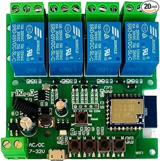 Tuya 4CH Smart Life WiFi Momentary Inching Relay Self-Locking Switch Module,DC/AC 7-32V/USB 5V WiFi RF Bluetooth Relay, Compatible with Alexa Goolge Home
