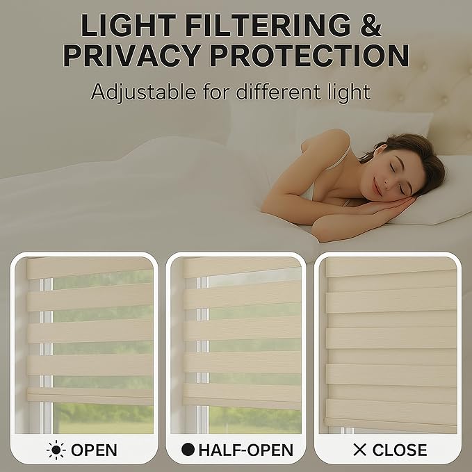 ShadesU Cordless Zebra Blinds – Light Filtering Dual-Layer Window Shades for Privacy (Cream Color) (Maximum Height 72") (Width 44")