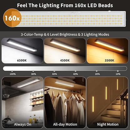 160LEDs Touch-Control Under Cabinet Lighting w/4000mAh Battery, Cordless Motion Sensor Under Counter Lights for Kitchen, Magnetic Rechargeable Closet Lights - 5Pack/White, 2025 Fall