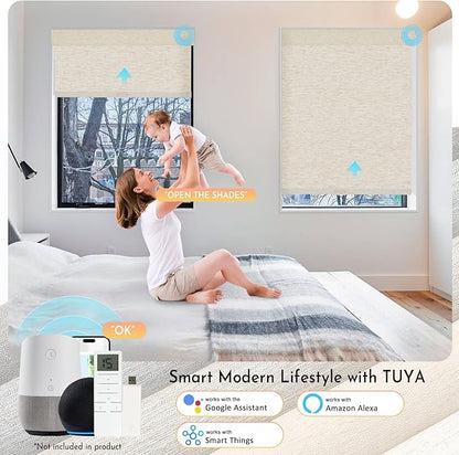 Persilux Smart Motorized Blinds with Remote, No Drill Automatic Roller Shades for Indoor Windows, Blackout Linen Fabric, Electric Blinds for Windows, Linen Cream C156BO-1, Custom Size