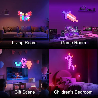 Hexagon LED Lights 12 Pack - RGB Wall Panels with Music Sync, Smart App & Remote Control, DIY Modular Hex Light for Gaming Room, Bedroom, Living Room, Wall Decor