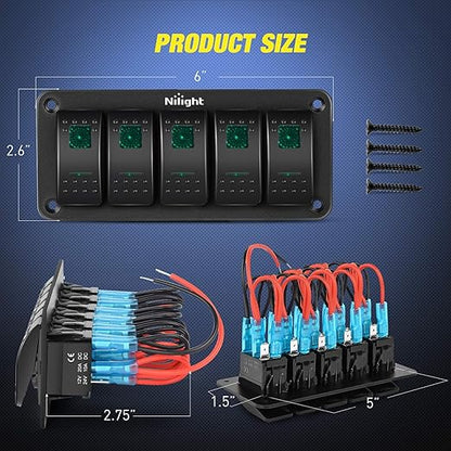 Nilight 5 Gang Rocker Switch Panel 5Pin On Off Toggle Aluminum Holder 12V 24V Dash Pre-Wired Green Backlit Switches for Automotive Cars Marine Boats RVs Truck