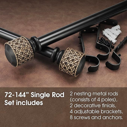 1-1/8 Inch Diameter Dark Bronze Curtain Rods with Faux Rattan Cane Woven Finials, 72-144'' Telescoping Single Curtain Rods for window width 68-140 inch, 1 pack