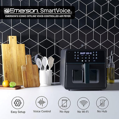 Emerson SmartVoice 10QT 6-in-1 Air Fryer, 1000+ Voice Control Commands, 100+ Recognized Food, No APP, No WIFI, No Setup, Nonstick Basket, Air Fry, Bake, Reheat, Dehydrate, 1700W