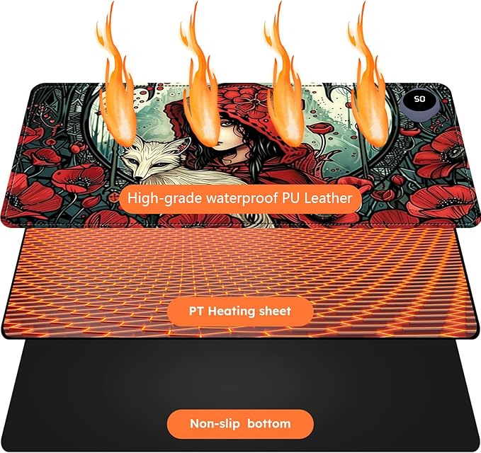 Heated Mouse Pad with 3 Levels Heated & 3 Hours Auto Shut-Off Mouse Pad for Warming Hands in Office Home, 31.5" x 13"Large Safe Desk Mat Hand Warmer，Girl White Fox