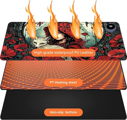 Heated Mouse Pad with 3 Levels Heated & 3 Hours Auto Shut-Off Mouse Pad for Warming Hands in Office Home, 31.5" x 13"Large Safe Desk Mat Hand Warmer，Girl White Fox