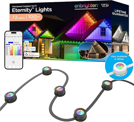 Enbrighten Vibe Eternity Permanent Outdoor Lights for House, 100 Feet, 72 RGBWIC LEDs, Close Spacing, 33lm, Color Changing, Christmas, Eave Lighting, Smart App, Works with Alexa, Google Home, 82730