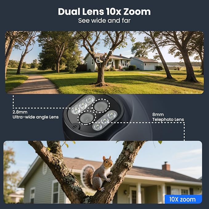 XMARTO 10X Zoom WiFi6 Security Camera System Wireless Outdoor/Indoor, 10CH 4K NVR with 4X 2K HD Dual Lens Cameras with Auto Tracking, 1TB HDD (Plug-in 24/7 Surveillance, Long Range WiFi)