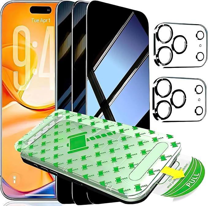 3 Pack for iPhone 17 Pro Max Screen Protector Privacy + 2 Camera Lens Protector 9H+ Tempered full cover Glass for iPhone 17 ProMax Military Grade Shatterproof Anti Spy Auto Installation kit