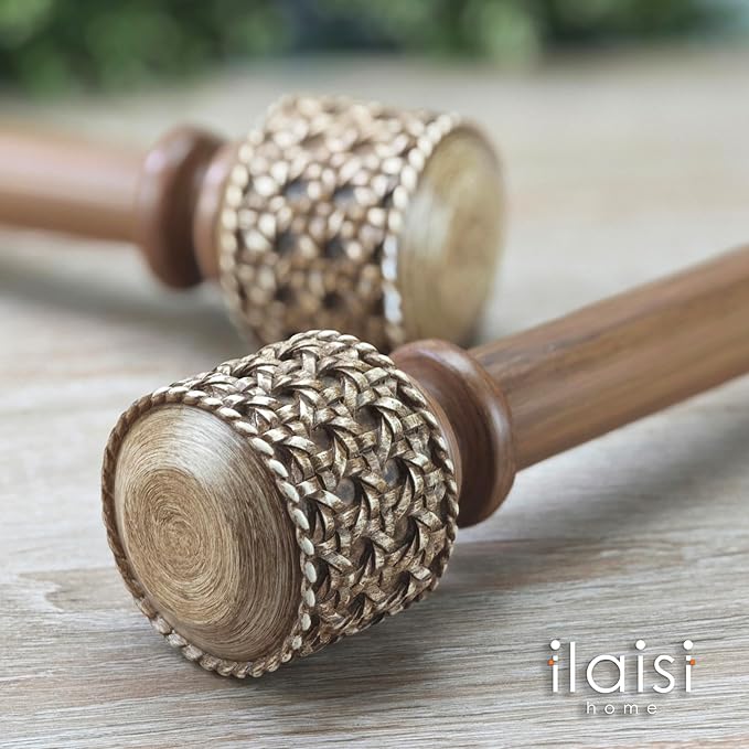 1-1/8 Inch Diameter Faux Wood Curtain Rods with Faux Rattan Cane Woven Finials, 36-72'' Telescoping Single Curtain Rods for window width 24-68 inch, 1 pack