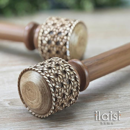 1-1/8 Inch Diameter Faux Wood Curtain Rods with Faux Rattan Cane Woven Finials, 36-72'' Telescoping Single Curtain Rods for window width 24-68 inch, 1 pack