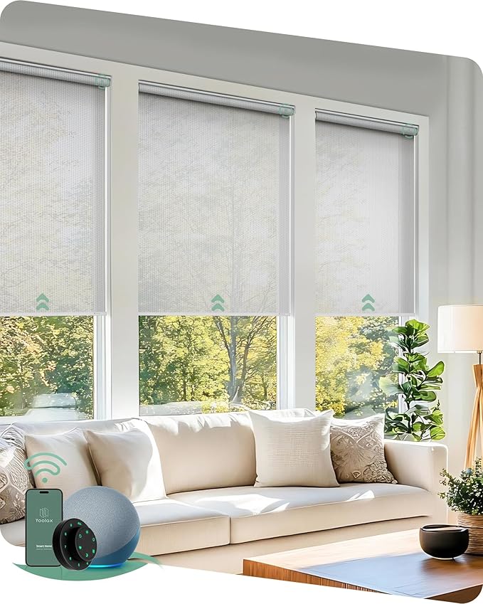 Yoolax Motorized Solar Shades, Flame Resistat Smart Blinds for Windows Motorized Roller Shades, Motorized Blinds Compatible with Alexa Custom Size (Solar-5% Openness White)