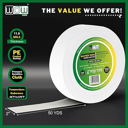 Wow Gaffers Tape 2 Inch White - 50 Yards (Pack of 6), Residue Free, Non-Reflective & Heavy-Duty - Professional Grade White Gaff Tape - Ideal for Photography Backdrop, Cables, Cords & Floor Taping