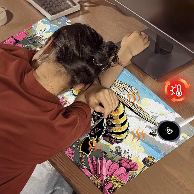 Heated Mouse Pad, Warm Desk Pad, Keyboard Mat 23.6 x 14 Inch Large Size Intelligent Fast Heating, 3 Speed Adjustable, Timed Auto Power Off for Game Office Home, Bees Collect Honey