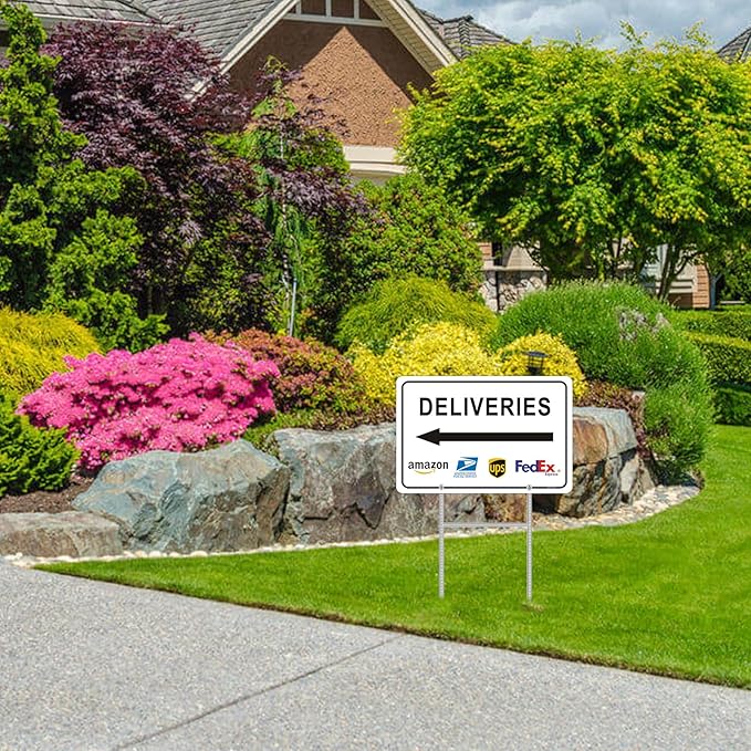 Deliveries Sign with Stake 12”x8” Delivery Sign with Arrow Left Aluminum Metal Delivery Instruction for Packages Easy Installation for Home