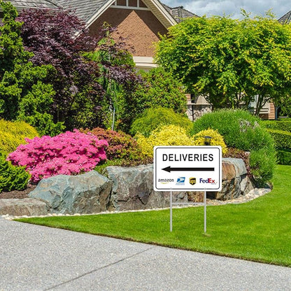 Deliveries Sign with Stake 12”x8” Delivery Sign with Arrow Left Aluminum Metal Delivery Instruction for Packages Easy Installation for Home