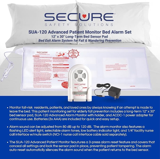 Secure Bed Alarm for Elderly Adults - Long-Term 12 x 30 in. Pressure Sensor Pad, 120 dB Caregiver Alert Monitor & Power Adapter - Smart and Reliable Fall Prevention for Seniors, Dementia Patients